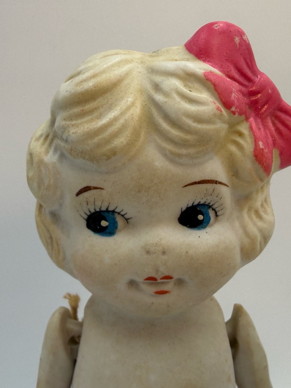 Antique Japan Bisque Kewpie Flapper Doll Strung Arms Blonde Hair Pink Bow - Picture 3 of 11